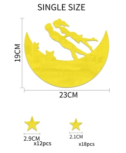 Detailed size chart of yellow moon and stars acrylic mirror wall stickers with dimensions