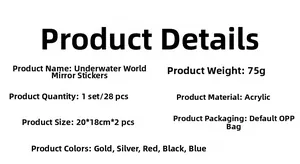 Detail specifications for 28-piece ocean theme acrylic mirror stickers in five colors