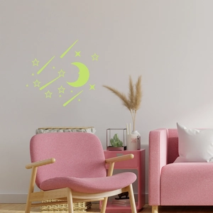 Detailed view of luminous moon and stars wall stickers in a cozy nursery room setting