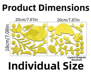 Detailed size specifications for ocean-themed acrylic mirror wall stickers showing dimensions