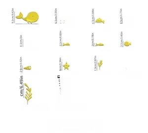 Detail view of 13pcs yellow acrylic ocean animal wall stickers with dimension measurements