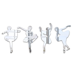 Detail of four acrylic mirror wall stickers featuring graceful silver ballet dancers