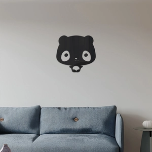 Detail of cute panda acrylic wall sticker mirror on a gray modern living room wall