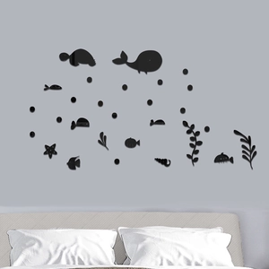 Detail of 3D black acrylic ocean animal wall stickers with whale and turtle designs
