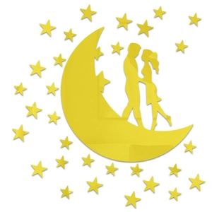 Detail of moon and couple silhouette acrylic wall stickers with reflective stars