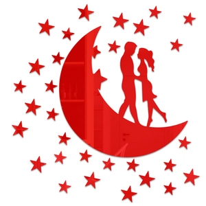 Detail of red acrylic mirror wall sticker with crescent moon and couple silhouette design