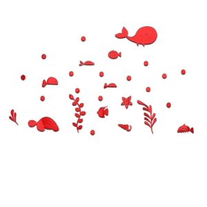 Detail view of red ocean world acrylic wall stickers featuring whales and sea turtles