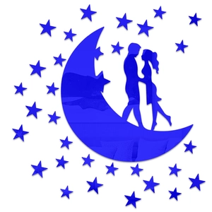 Blue acrylic mirror wall stickers featuring a moon, couple silhouettes and stars