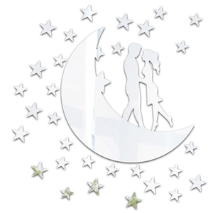 Detail of silver moon and romantic couple silhouette acrylic mirror wall stickers