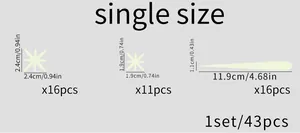 Size chart showing 43pcs luminous wall stickers with star and meteor shapes and dimensions