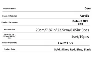 Detailed specifications for acrylic deer wall decals including 19 pieces set size and colors