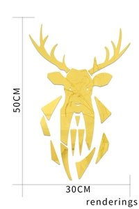 Detail view of gold geometric stag head mirror wall sticker measuring 50CM by 30CM
