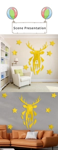Detail of 3D geometric gold deer head acrylic mirror wall stickers with stars for living room