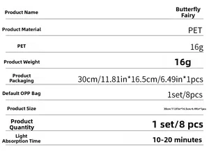 Detailed specifications table for PET butterfly glow-in-the-dark wall stickers with sizes