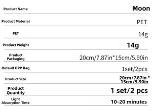 Detailed chart of 20cm luminous moon wall stickers showing PET material and specifications