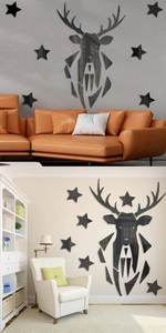 Modern geometric deer head mirror wall stickers with stars in living room decor