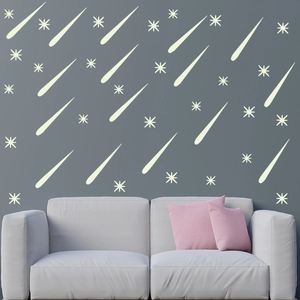 Glow-in-the-dark meteor and star wall stickers set for modern bedroom decoration