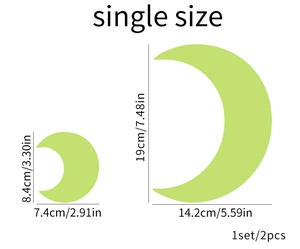 Detailed size guide for glow in the dark moon stickers in two different dimensions