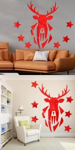 Macro detail of red acrylic 3D geometric deer head wall sticker with mirror finish