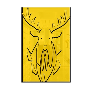 Macro detail of golden acrylic mirror wall sticker with minimalist black stag head design