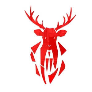 Macro detail of red acrylic geometric deer head wall sticker with glossy mirror finish