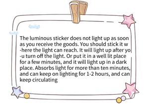 Luminous wall stickers instructions showing light absorption and glowing duration details