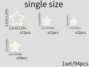 Detailed size chart for 94pcs star wall stickers showing various dimensions and pieces
