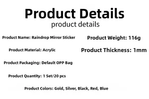 Specifications of 20pcs acrylic water drop mirror wall stickers with size and color details