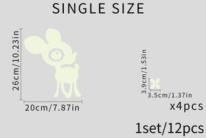 Size dimensions for cartoon deer and flower glow wall stickers set showing 12 pieces