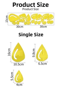 Detailed size chart for water drop mirror wall stickers showing small to large dimensions