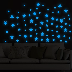 Macro shot of glow-in-the-dark blue star wall stickers on a dark bedroom wall