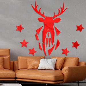 3D red mirror acrylic wall sticker featuring deer head and stars for home decoration