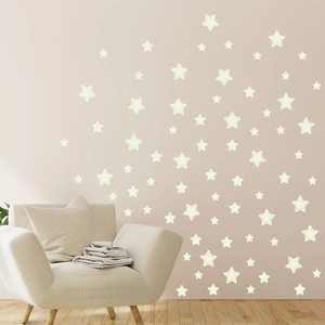 Detail of glow in the dark star wall stickers in various sizes for kids room decor