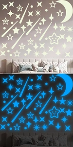 Detailed blue glowing wall stickers showing moon and stars in daytime and night environments