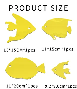 Detailed product size chart for four-piece yellow acrylic fish mirror wall stickers