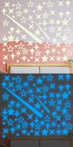 Luminous star and moon wall stickers showing day and night glowing effect comparison