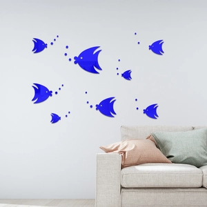 Detail of blue acrylic mirror fish wall stickers with bubbles on modern living room wall