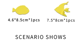 Detail showing two yellow fish-shaped acrylic mirror wall stickers with dimensions