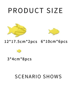Size chart for mirror fish wall stickers showing 16 pieces with precise measurements