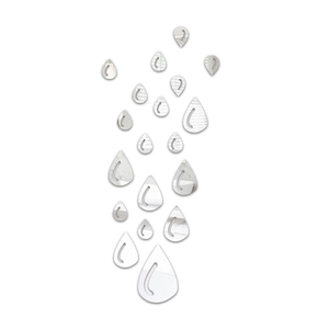 Detailed close-up of water drop shaped silver mirror wall stickers with reflective surface