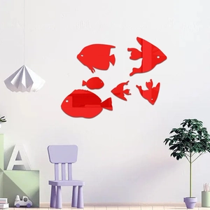 Red acrylic mirror fish wall stickers set for bathroom decoration with 6 pieces