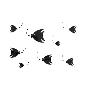 Detail view of 3D acrylic bubble fish mirror wall stickers with reflective black finish