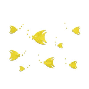 Detailed view of yellow acrylic cartoon fish wall stickers with mirror finish and bubbles