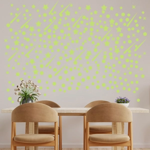 Luminous star and moon wall stickers glowing on a modern dining room wall background