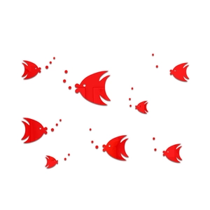 Detailed view of red mirror acrylic tropical fish wall stickers with bubble accents