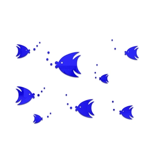Close-up of blue acrylic bubble fish mirror wall stickers in various sizes for decoration