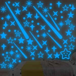 Luminous wall sticker set with glowing blue stars and meteors for bedroom decor
