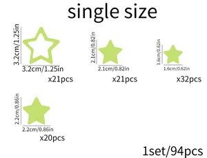 Size chart for 94pcs glowing star wall stickers with detailed dimensions in cm and inches