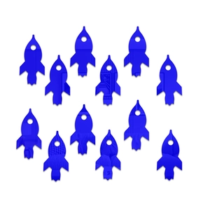 Detail view of 12 blue acrylic rocket mirror wall decals for kids bedroom decor