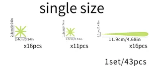 Size chart for 43pcs luminous moon and star wall stickers showing specific dimensions
